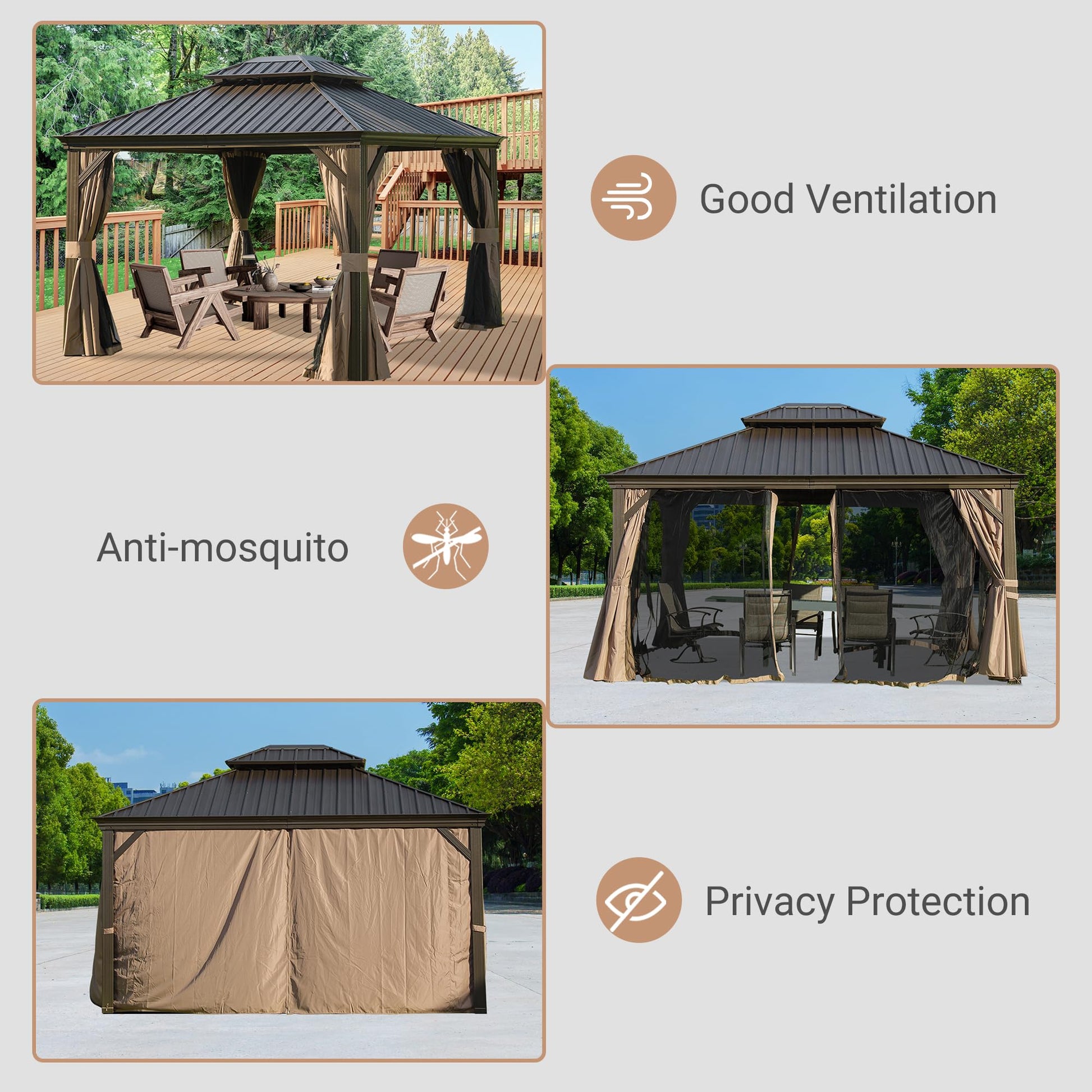 10' x 12' Hardtop Gazebo Permanent Metal Gazebo with Galvanized Steel Double Roof, Curtains and Netting for Party, Wedding, Outdoor Dining, Patio, Backyard, Brown image 4