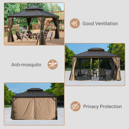 10' x 12' Hardtop Gazebo Permanent Metal Gazebo with Galvanized Steel Double Roof, Curtains and Netting for Party, Wedding, Outdoor Dining, Patio, Backyard, Brown image 4