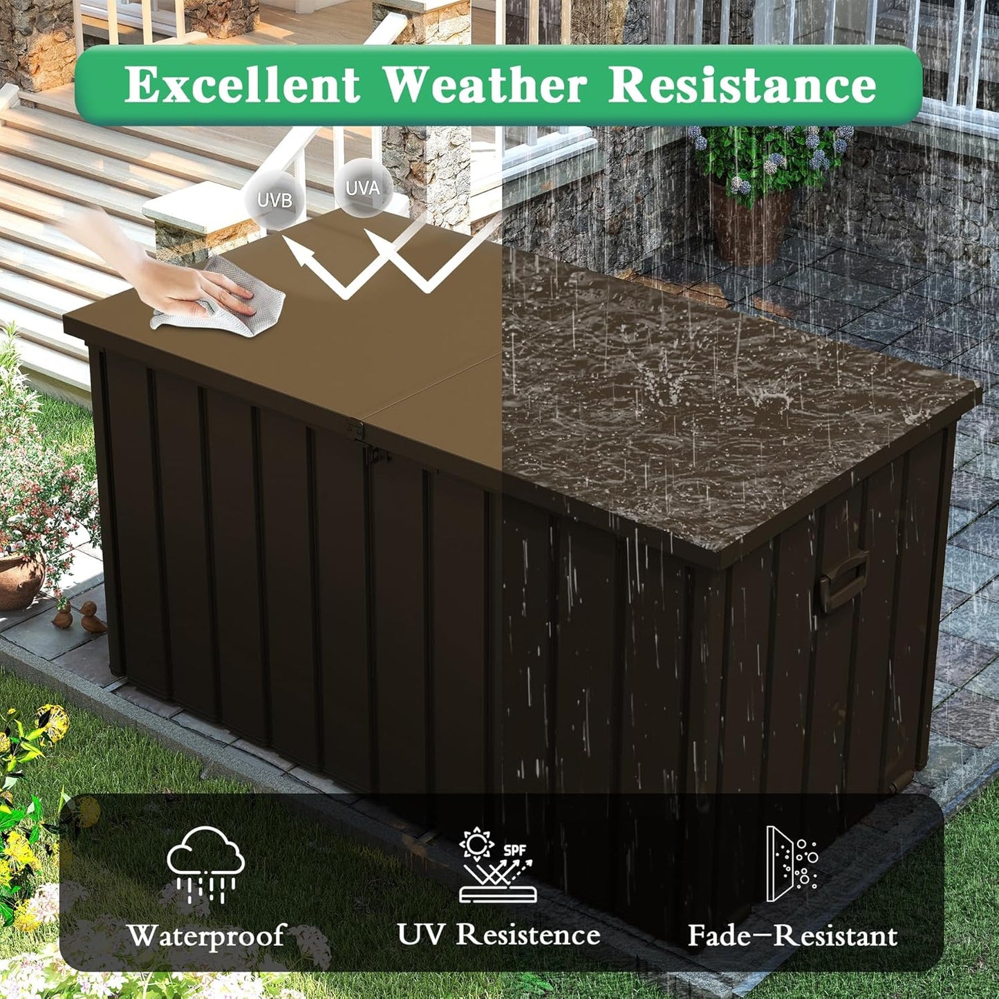 200 Gallon Metal Deck Box, Waterproof Outdoor Storage Box with Lockable Lid, Large Pool Storage Cabinet for Patio Furniture Garden Tools Pool-Supplies, Brown image 6