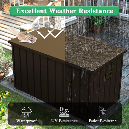 200 Gallon Metal Deck Box, Waterproof Outdoor Storage Box with Lockable Lid, Large Pool Storage Cabinet for Patio Furniture Garden Tools Pool-Supplies, Brown image 6