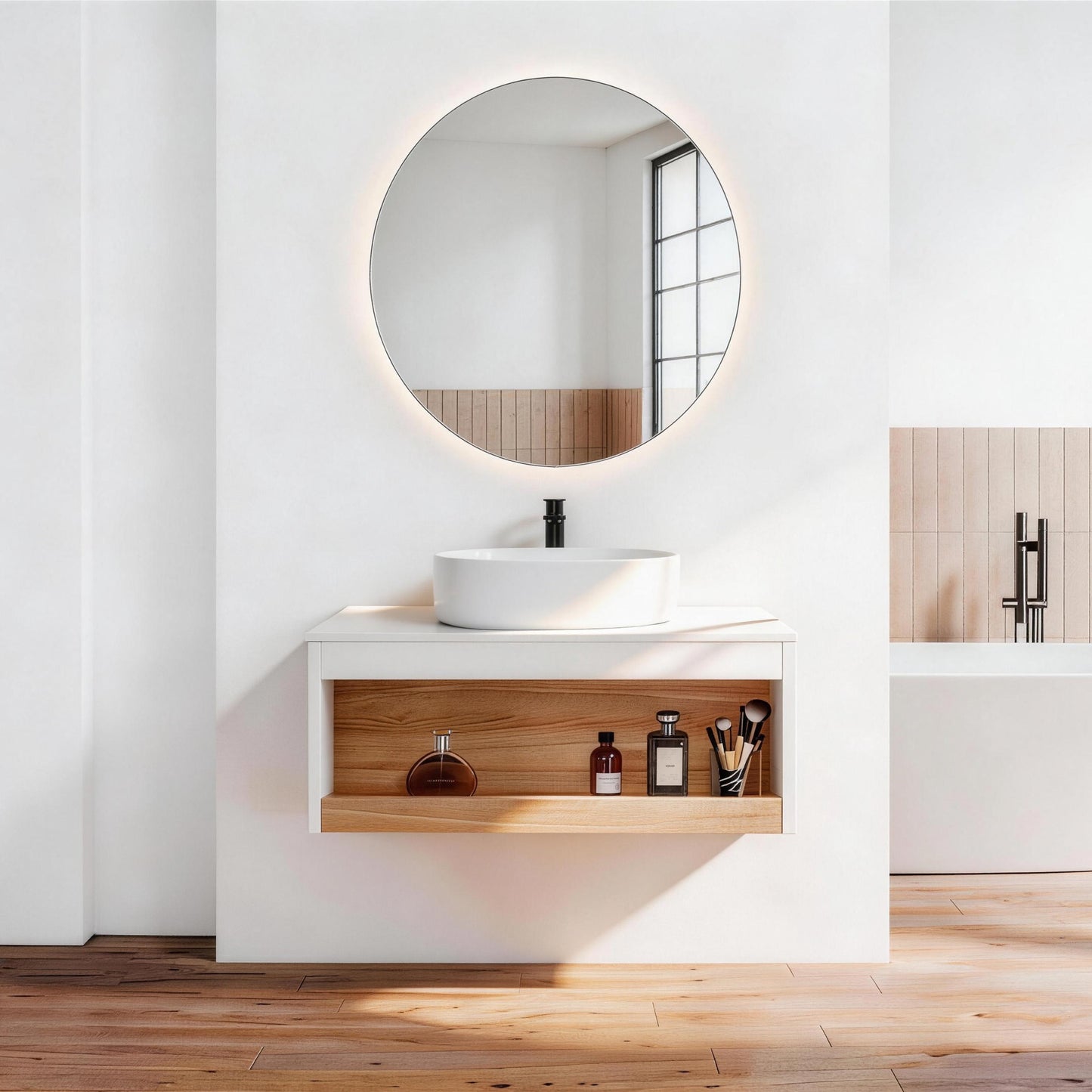 30" Floating Bathroom Vanity with Glossy White Round Vessel Sink, Wall-Mounted Vanity with Open Shelf Storage, White Finish with Durable Countertop, Space-Saving Modern Design (Ships in 2 Boxes) image 1