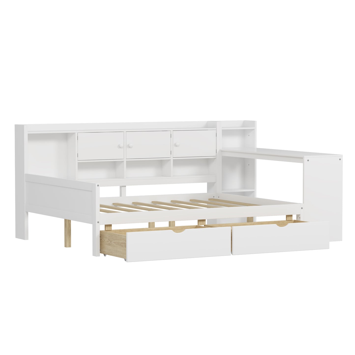 Full Size Wooden L-Shape Daybed with Seven Storage Cabinets and Two Storage Drawers, Multi-functional Bed with Study Desk and Built-in Bookshelf, White(old SKU: N733S247077K) image 5