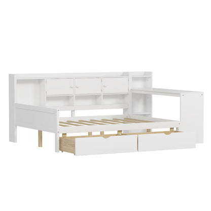 Full Size Wooden L-Shape Daybed with Seven Storage Cabinets and Two Storage Drawers, Multi-functional Bed with Study Desk and Built-in Bookshelf, White(old SKU: N733S247077K) image 5