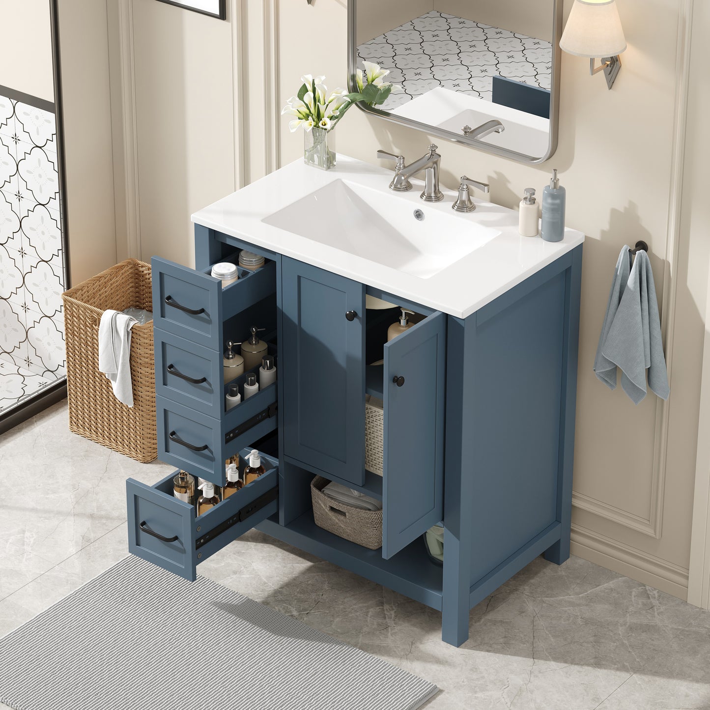 30" Bathroom Vanity with Sink Top, Bathroom Vanity Cabinet with Two Doors and Two Drawers, Solid Wood, Open shelf, MDF Boards, One Package, Blue Gray image 5