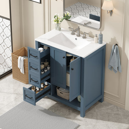 30" Bathroom Vanity with Sink Top, Bathroom Vanity Cabinet with Two Doors and Two Drawers, Solid Wood, Open shelf, MDF Boards, One Package, Blue Gray image 5