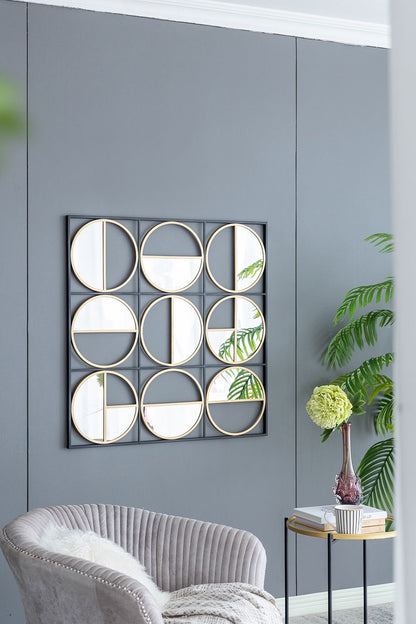 Eclectic black wall mirror in living room setting