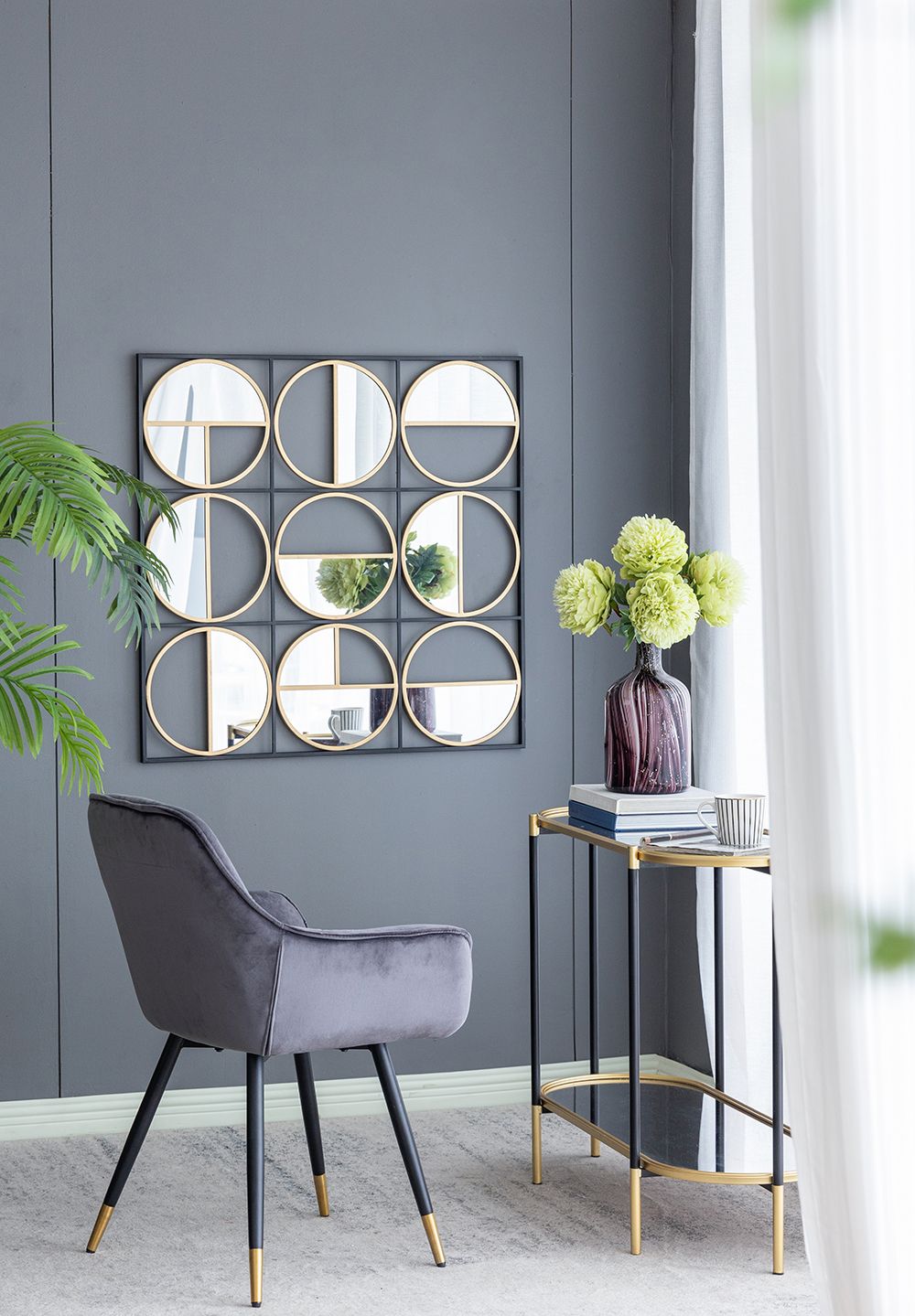 Eclectic metal beaded black wall mirror front view