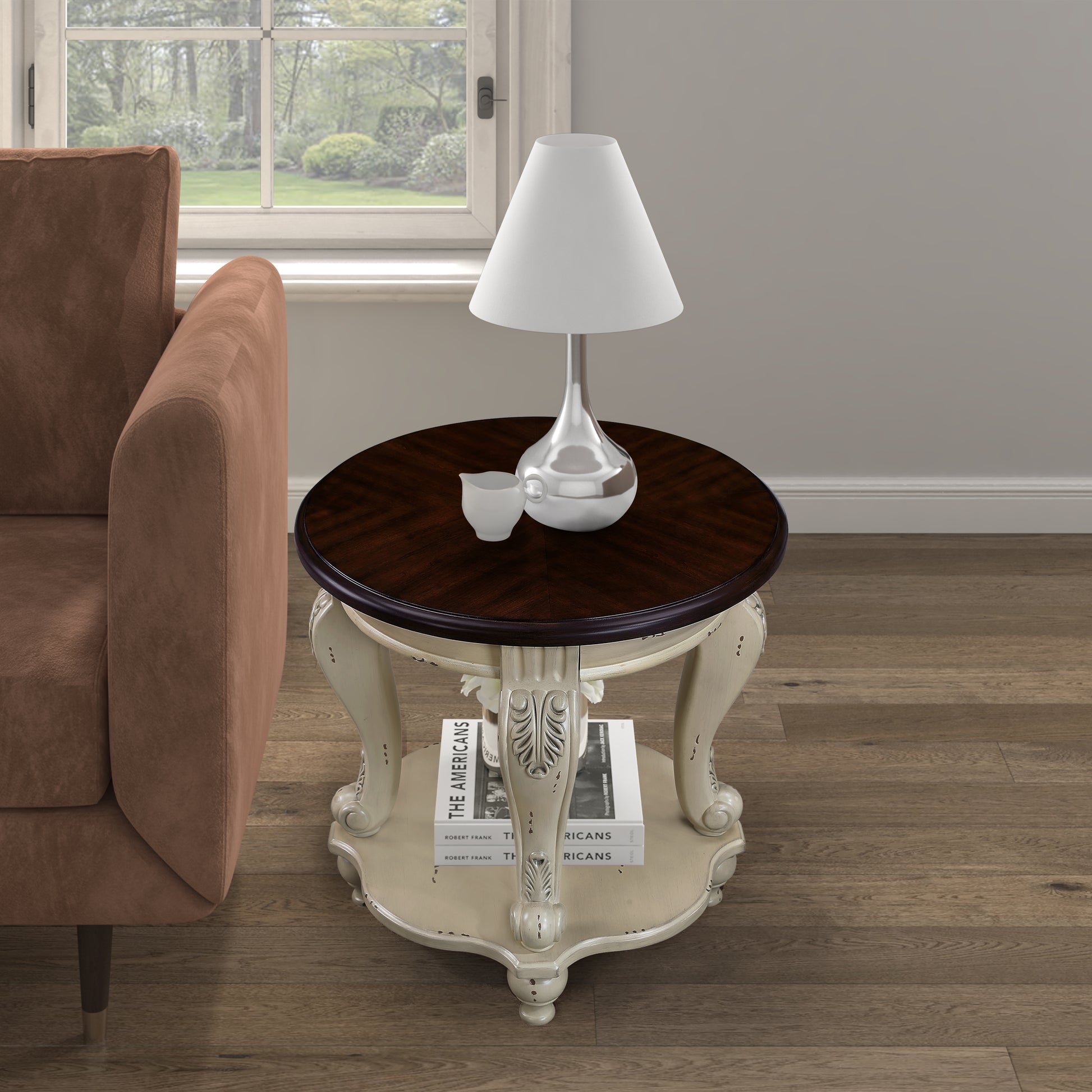 22'' Two Tone Round End Table,Solid Wood Sofa Side Table with Shelf,Living Room Corner Table Easy Assemble,Beige and Espresso Top image 3