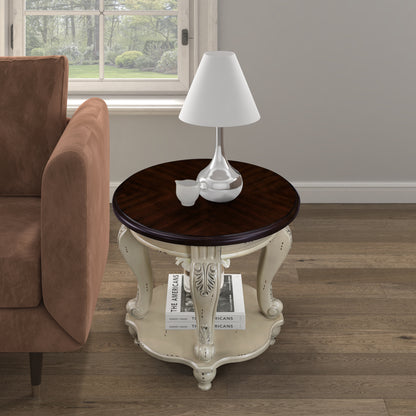 22'' Two Tone Round End Table,Solid Wood Sofa Side Table with Shelf,Living Room Corner Table Easy Assemble,Beige and Espresso Top image 3