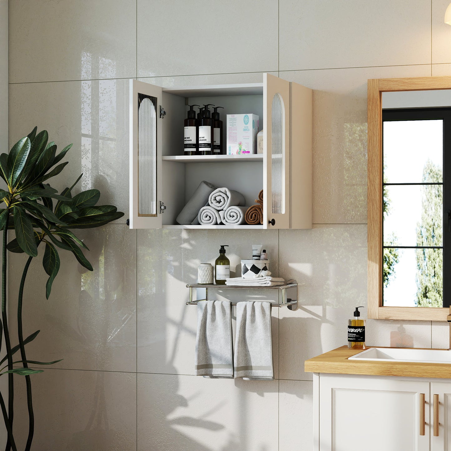Wall Cabinet,Arched Glass door Display Wall Mounted Cabinet, Floating Cabinet with inadjustable Shelves for Kitchen,Bathroom,Living Room image 4