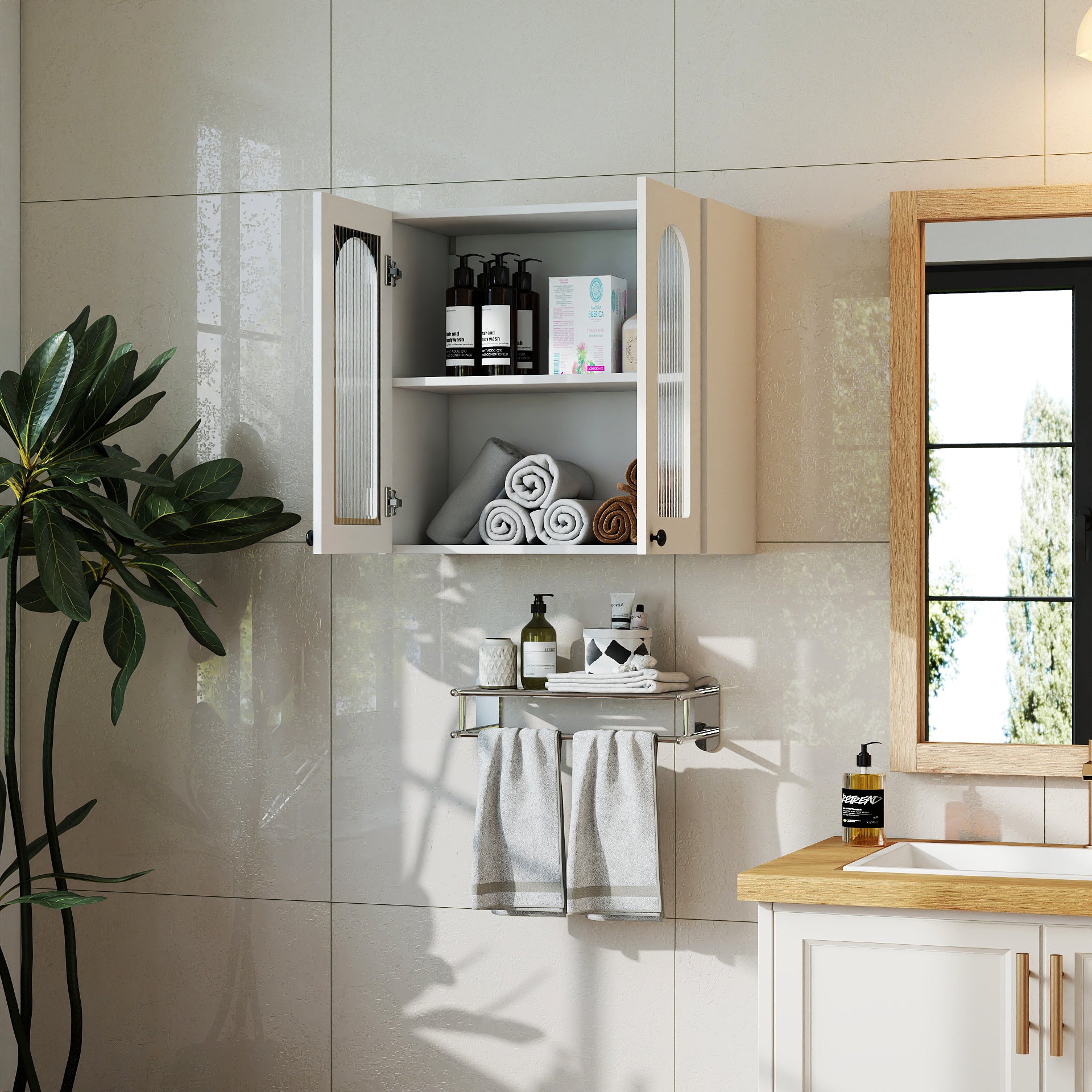 Wall Cabinet,Arched Glass door Display Wall Mounted Cabinet, Floating Cabinet with inadjustable Shelves for Kitchen,Bathroom,Living Room image 4