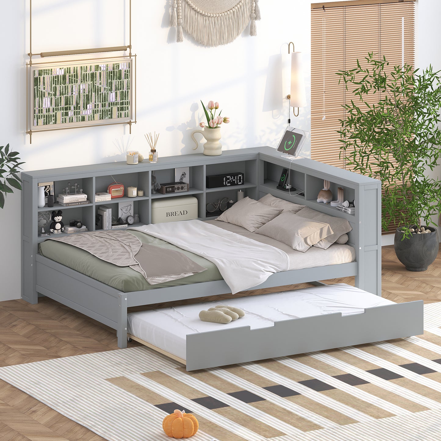 Wooden Full Size DayBed with Twin Size Trundle, DayBed with Storage Shelf and USB Charging Ports,Grey(Old SKU: HL000075AAE) image 4