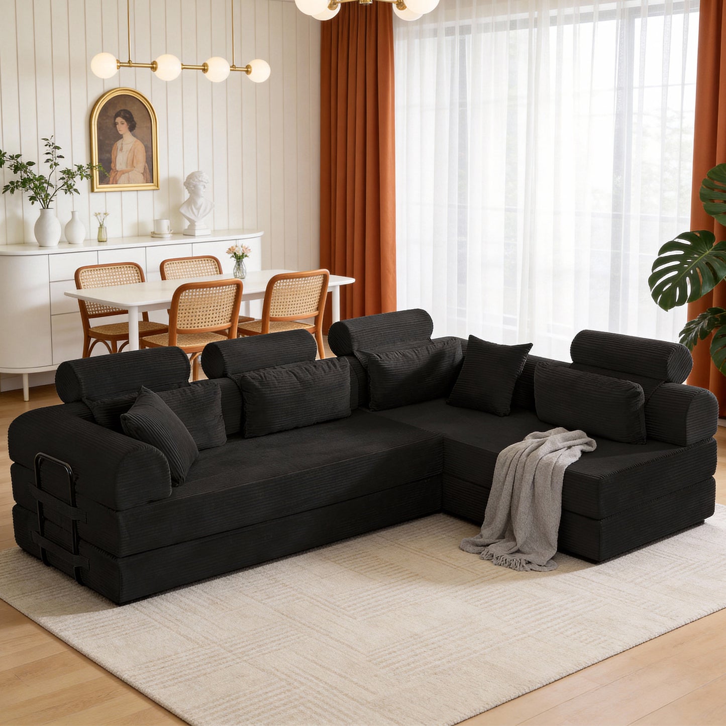 L shape Modular Sectional Sofa, Compressed Sectional Sofa Modern Minimalist Style Corduroy Couch,Unfold into a bed, Bedroom, Comfy Compressed Sofa Couch Space-Efficient Design(black) image 1