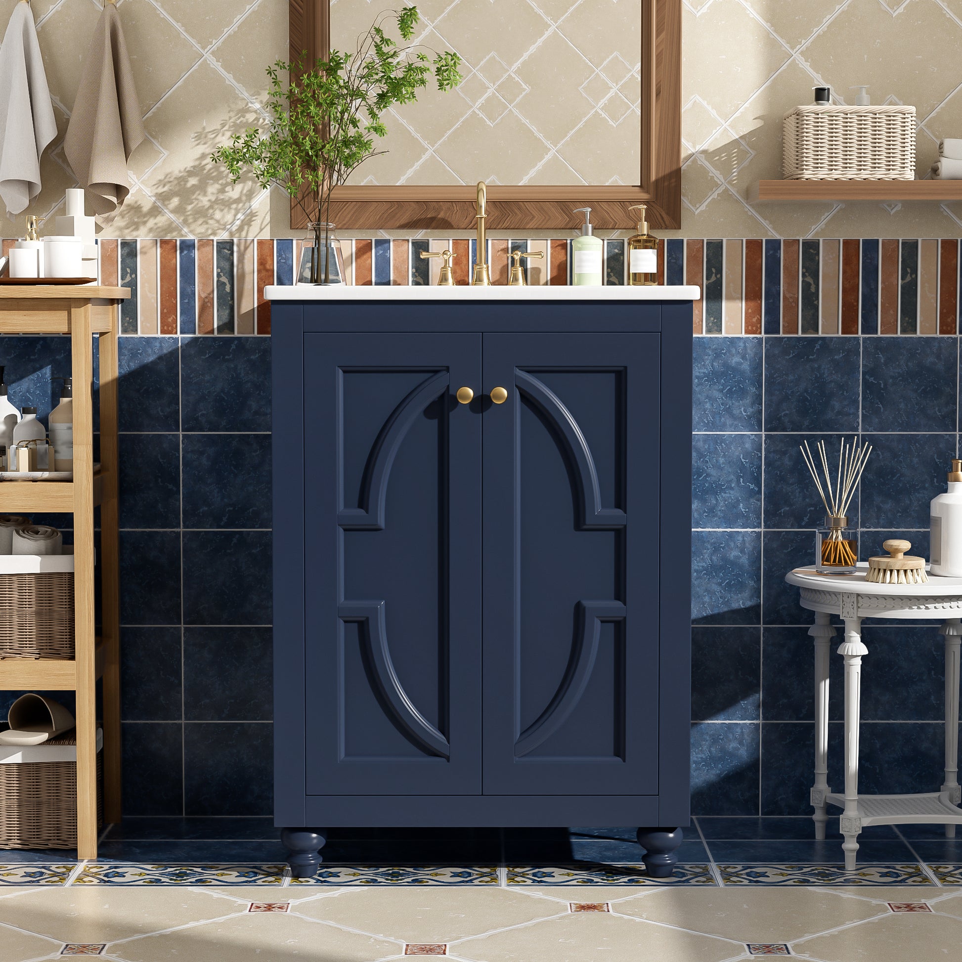 24" Modern Bathroom Vanity with Ornate Elliptical Motif Design & Soft-Close Hinges, Bathroom Cabinet with Back Open Structure, Ball-Turned Legs with French Elegance image 1