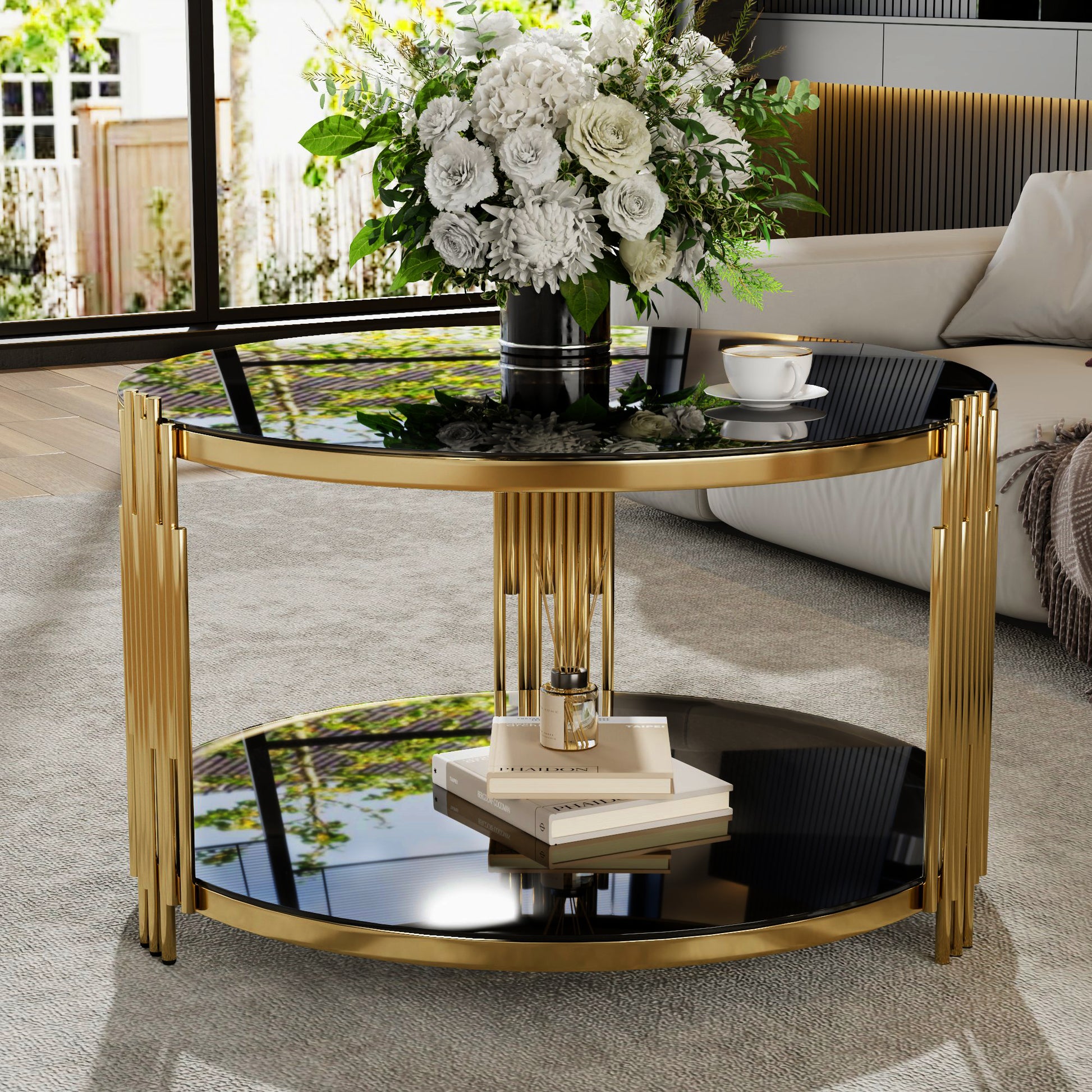 Modern Black Mirror Coffee Table, Asymmetrical Metal, Circular Metal Drum Base, Gold Finish & Lower Shelf image 3