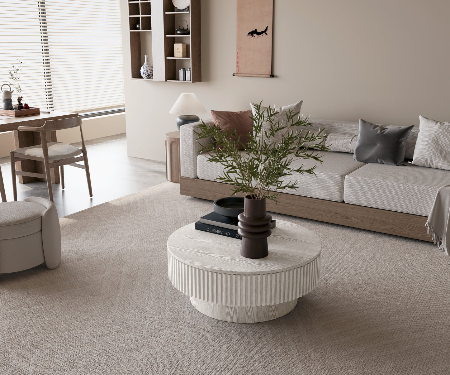 31.5'' Round Coffee Table with Storage Solid Wood Veneered Modern Coffee Table Accent Tea Table for Living Room, Bedroom, Apartment or Office, Retro White image 5