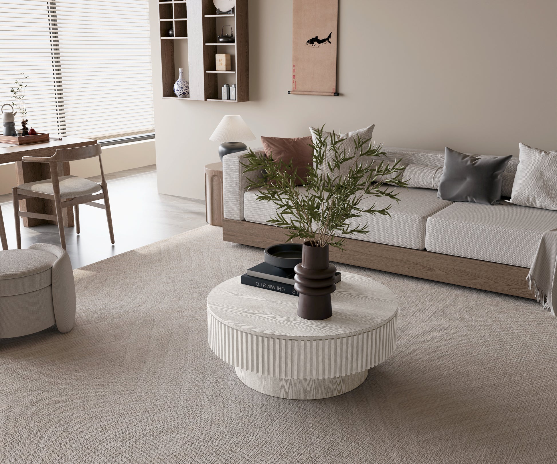 31.5'' Round Coffee Table with Storage Solid Wood Veneered Modern Coffee Table Accent Tea Table for Living Room, Bedroom, Apartment or Office, Retro White image 5