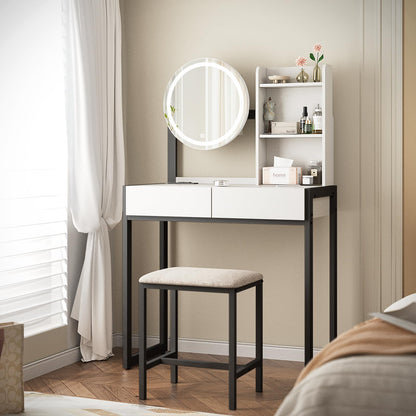 Small Vanity Desk with Mirror and Lights, Makeup Vanity Table with LED Mirror, 3 Lighting Modes, Power Outlet, Drawer, Open Shelves and Cushioned Stool for Bedroom (White and Black) image 2