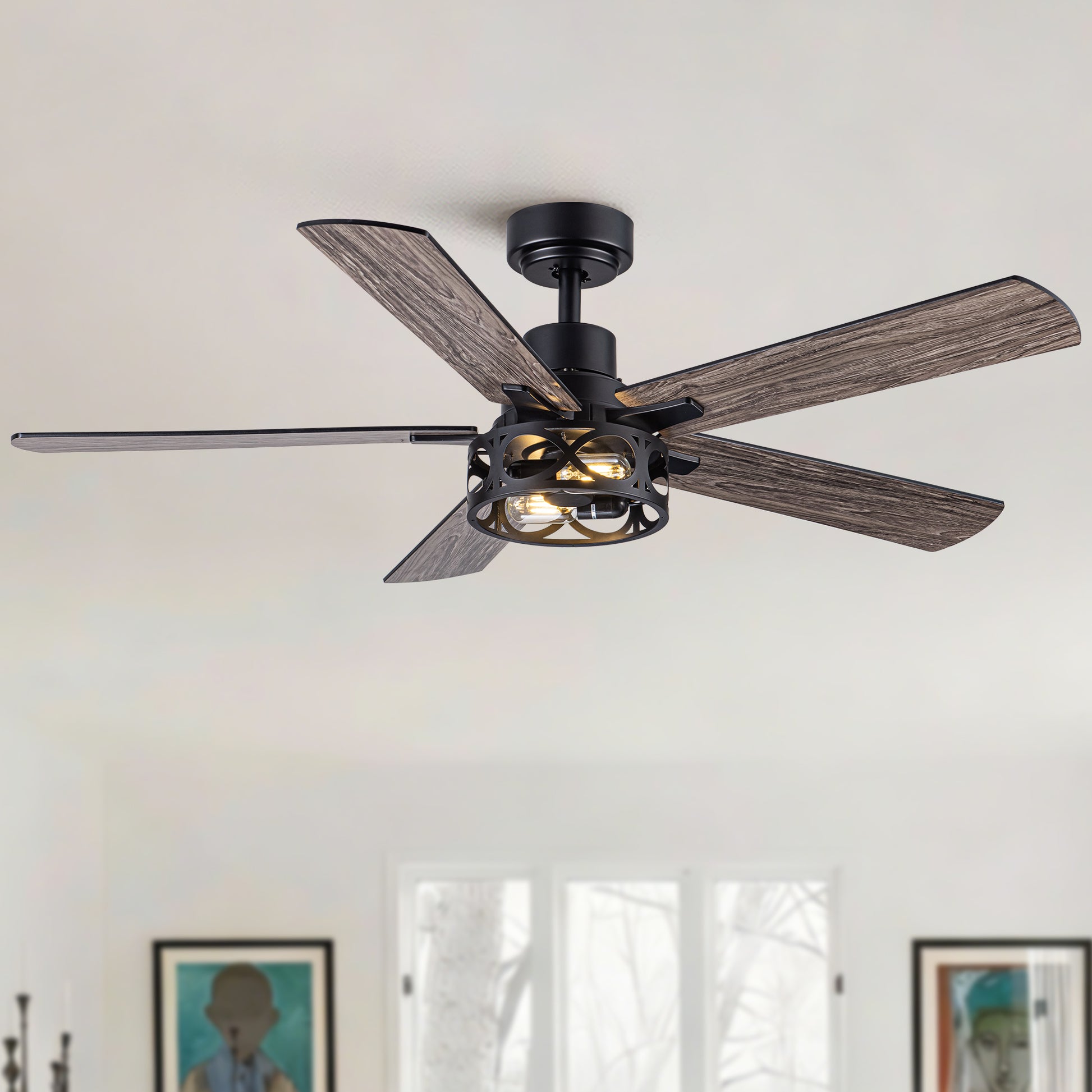52" Modern Farmhouse Industrial Ceiling Fan with Light, Dual‑Sided Matte Black & Wood Grain Blades, Reversible DC Motor, 6‑Speed Timer Remote, Metal Cage, E12 Compatible, Bulbs Not Included image 2
