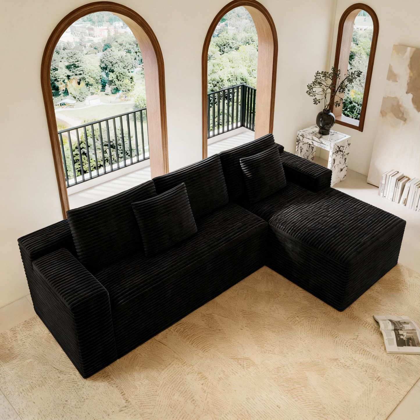 104.3*68.9"Modular sectional sofa seat,Upholstered compressed couch for living room,Bedroom,Apartment,No assembly required,2PC free combination,Plush corduroy fabric,BLACK image 2