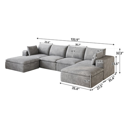 134" Cloud Sofa,Corduroy Fabric,Deep Seat Couches,Double-layer design,Removable Cushion,No Assembly, DIY Combination for Living room, Bedroom,Conference room,Apartment,Grey image 7