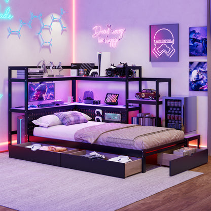 Twin Size Gaming Daybed with Integrated Desk and LED Light, Modern Wooden Bed Frame with 3 Storage Drawers and Built-in Charging Station, Multi-Functional Headboard Bookcase, Black+Purple image 1