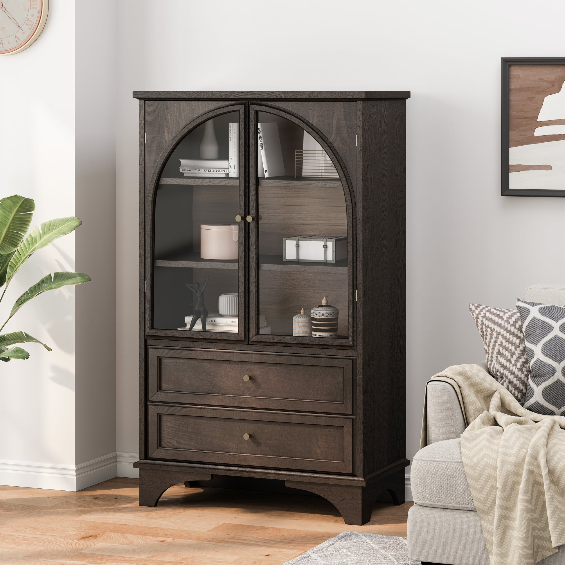 52.17"H Glass Door Display Case Storage Cabinet with 2 Drawers and Adjustable Shelf, Spacious Storage Solutions, Curio Cabinet for Living Room, Bedroom, Kitchen and Office, Brown image 1