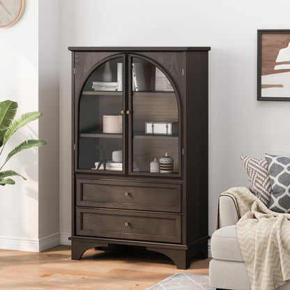 52.17"H Glass Door Display Case Storage Cabinet with 2 Drawers and Adjustable Shelf, Spacious Storage Solutions, Curio Cabinet for Living Room, Bedroom, Kitchen and Office, Brown image 1