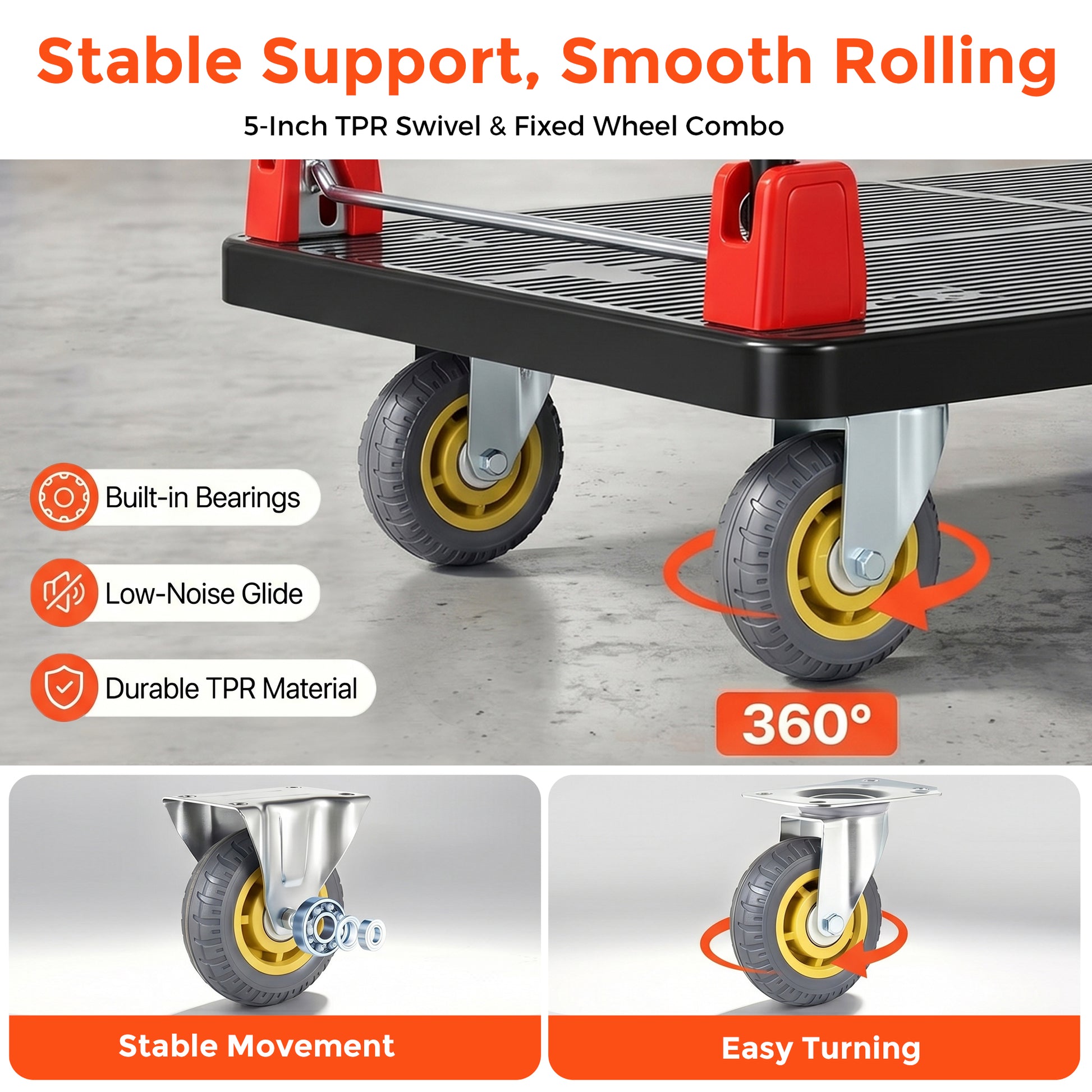 25.5"x43.5" Platform Truck, Foldable Handcart with 5'' TPR 360-Degree Silent Wheels, 1500lbs Heavy-Duty Push Dolly Cart, 5 Steel Load-Bearing Beams for Warehouse Garage Home Use image 4