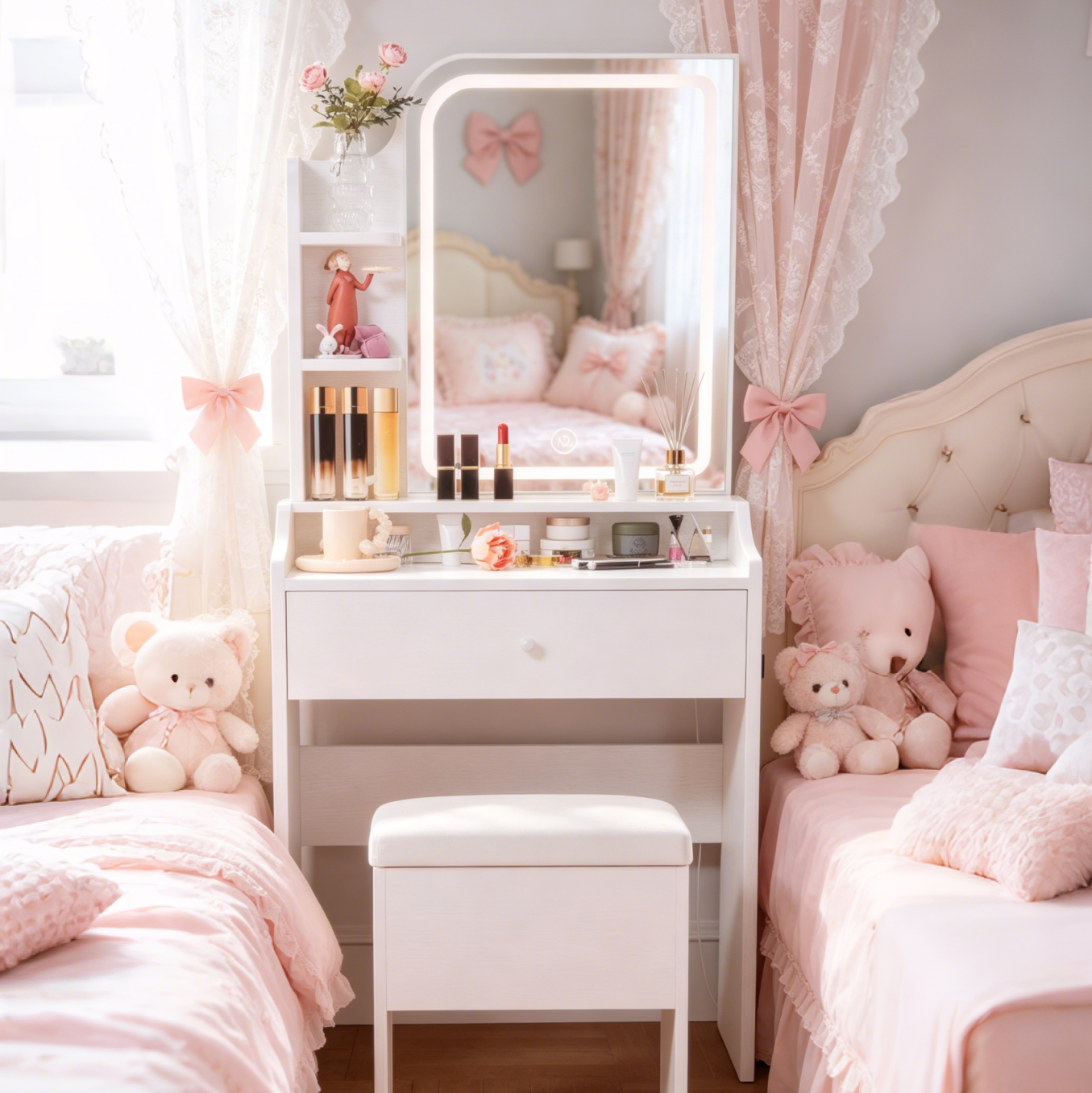 White vanity set includes smart LED mirror, women's bedroom makeup table with storage; suitable for bedrooms, living rooms, dormitories, etc. image 2