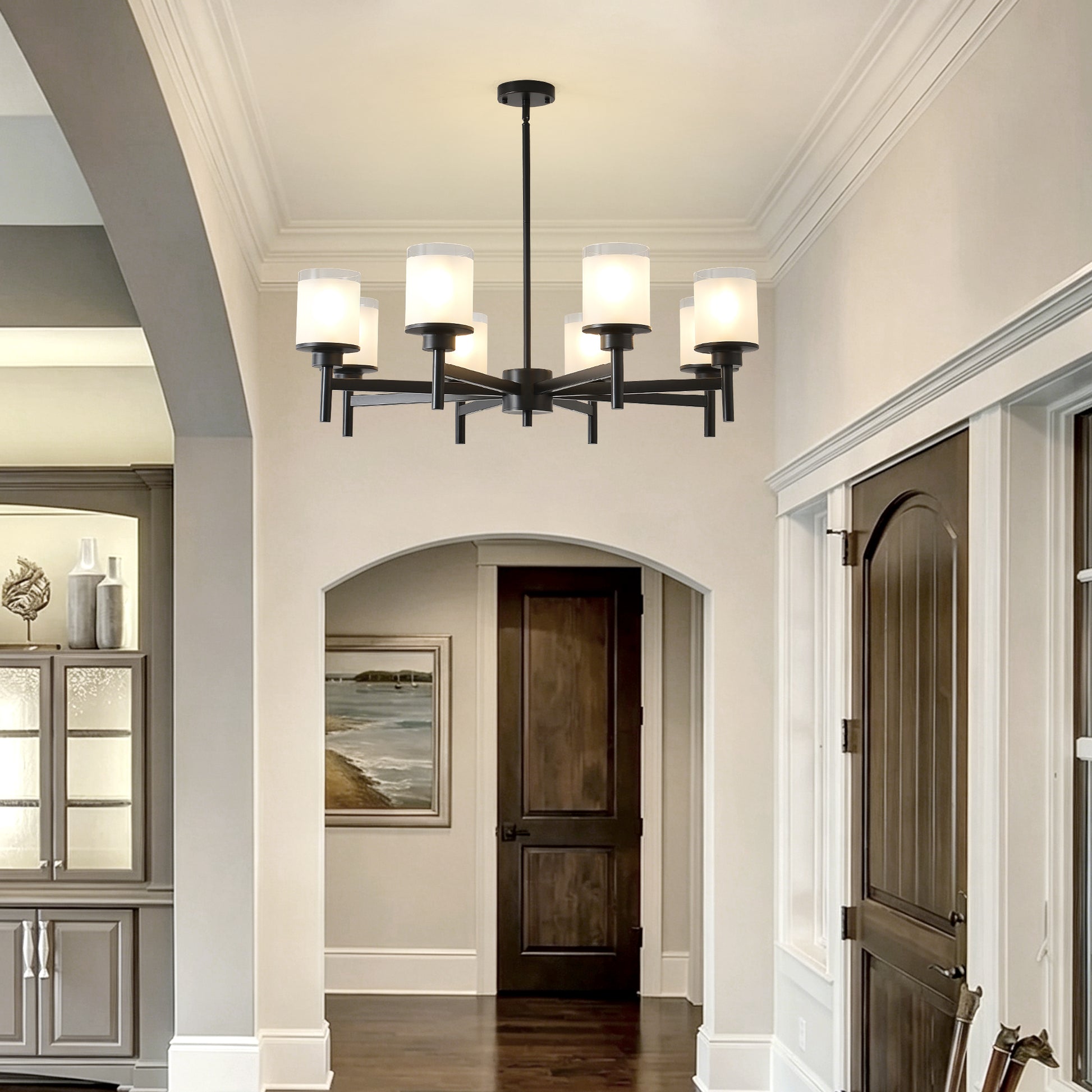 8-Light Frosted Glass Farmhouse Chandelier, Black Metal Chandeliers Light Fixtures Industrial for High Ceiling Living Dining Room Foyer. Adjustable Height--E26 (NO Included Bulb) image 8