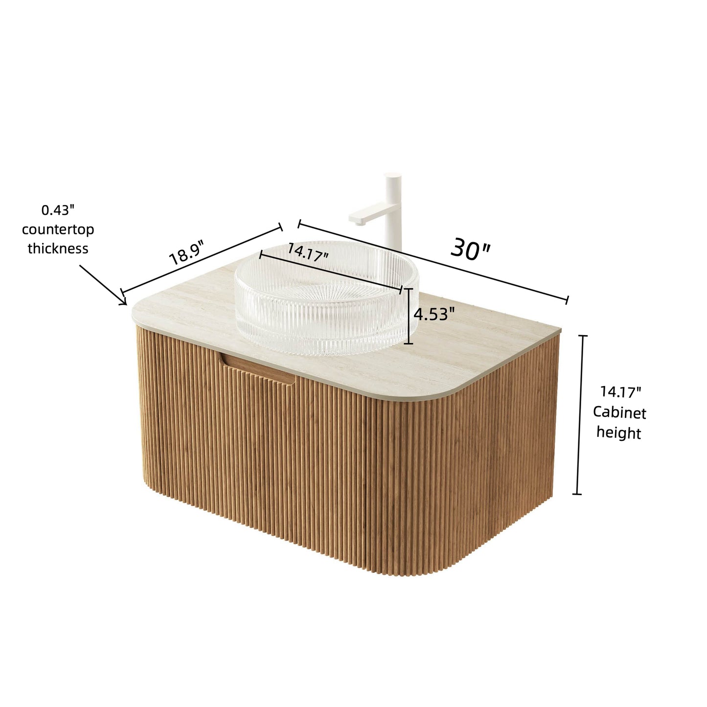 DINA 30" Bathroom Vanity&Sink, Floating Curved Edges Striped Storage Cabinet with Drawer, Transparent Round Glass Basin&Travertine-Pattern Sintered Stone Top, Pre-assembled, Natural Woodgrain Color image 5