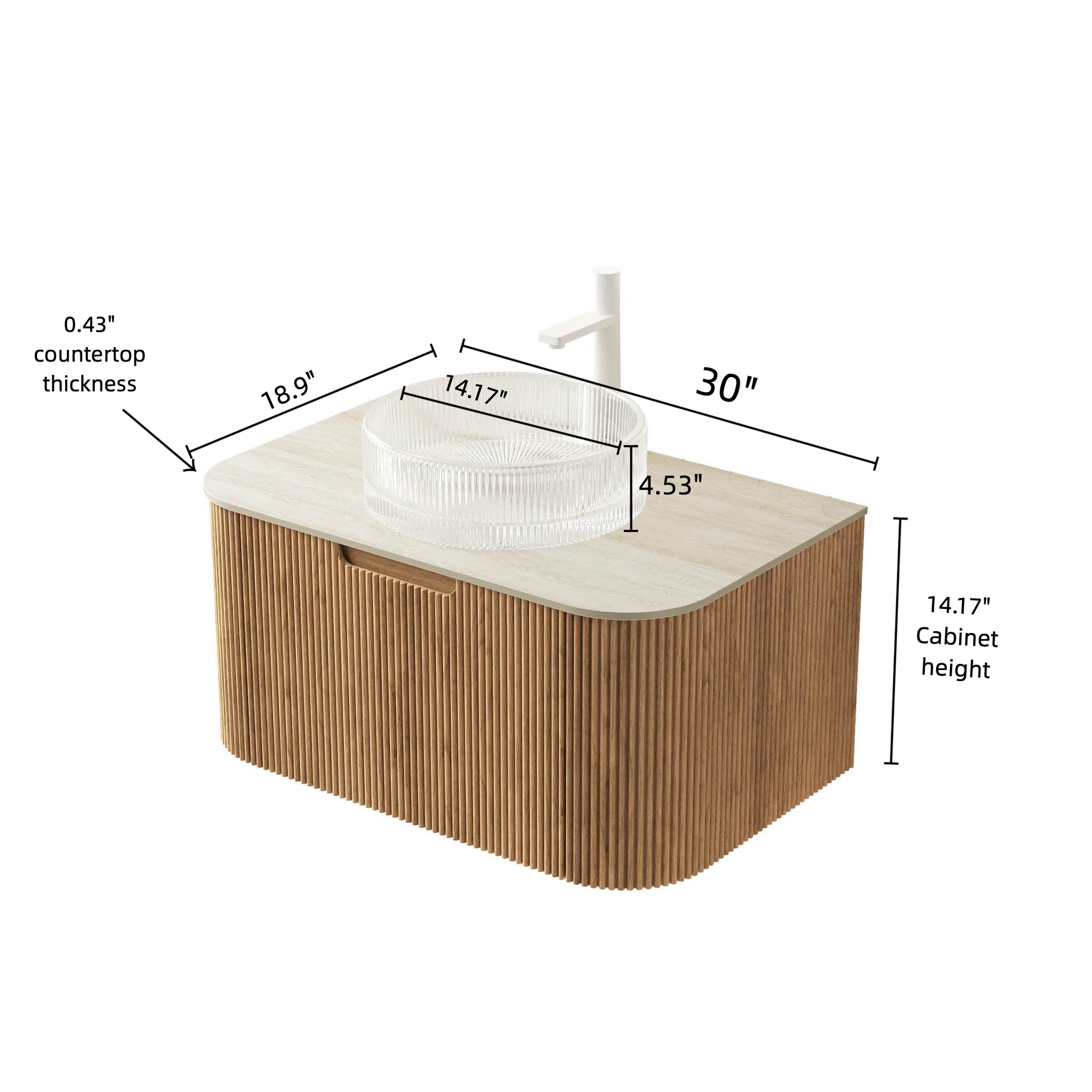 DINA 30" Bathroom Vanity&Sink, Floating Curved Edges Striped Storage Cabinet with Drawer, Transparent Round Glass Basin&Travertine-Pattern Sintered Stone Top, Pre-assembled, Natural Woodgrain Color image 5