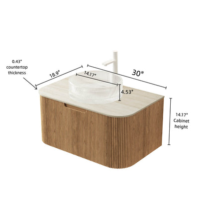 DINA 30" Bathroom Vanity&Sink, Floating Curved Edges Striped Storage Cabinet with Drawer, Transparent Round Glass Basin&Travertine-Pattern Sintered Stone Top, Pre-assembled, Natural Woodgrain Color image 5