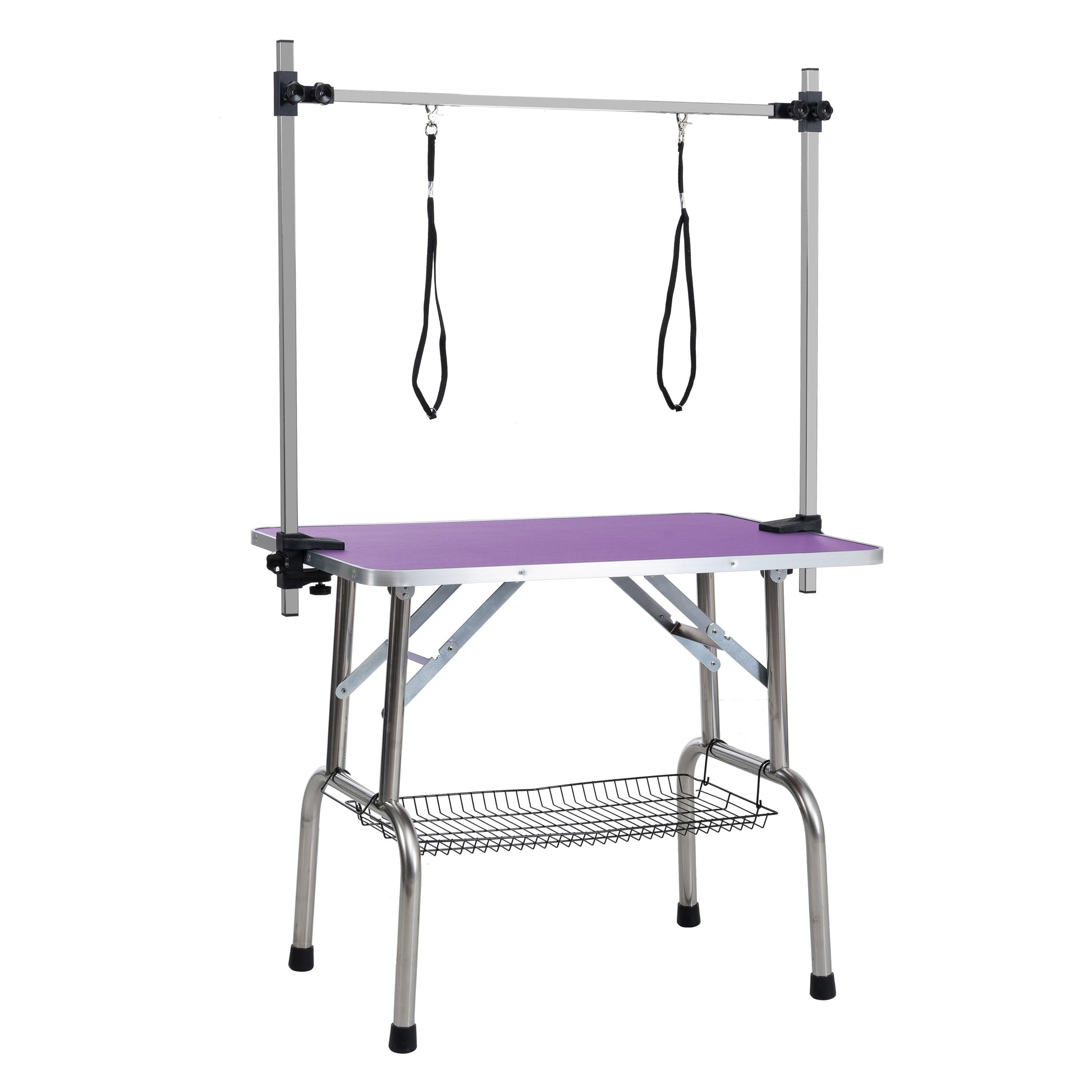36" Folding Dog Pet Grooming Table Stainless Steel Frame Rubber Mat on Board with Adjustable Arm and Clamps pet dog Cat Grooming Table (PURPLE COLOR) image 4