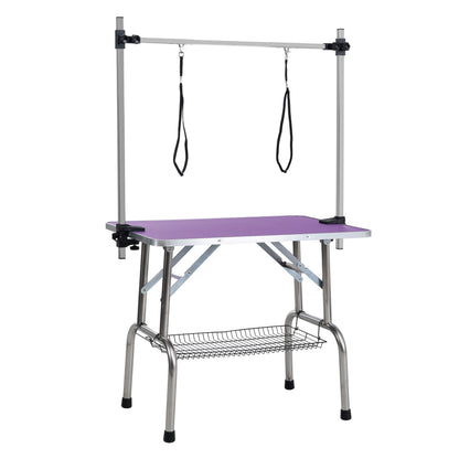 36" Folding Dog Pet Grooming Table Stainless Steel Frame Rubber Mat on Board with Adjustable Arm and Clamps pet dog Cat Grooming Table (PURPLE COLOR) image 4