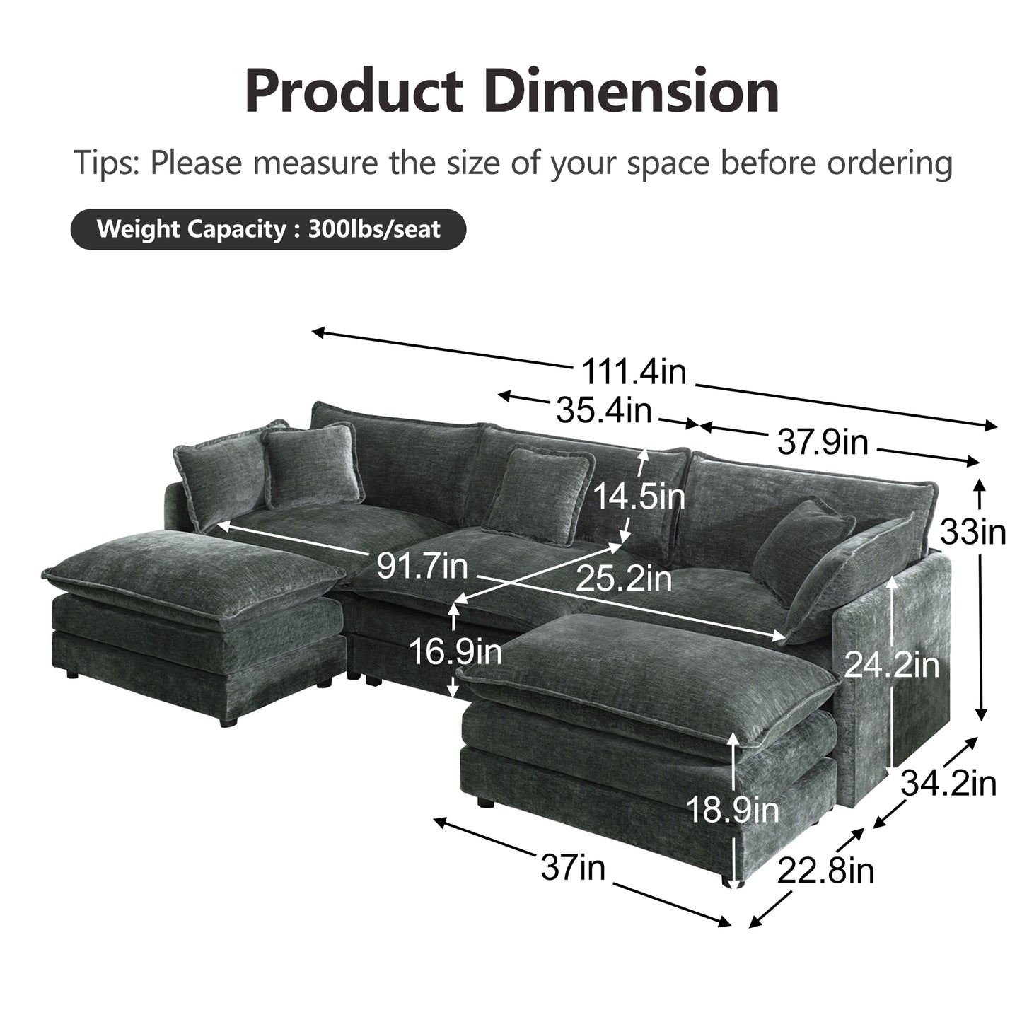 U-Shaped Sectional Sofa w/Reversible Footrest, 3-Seater Convertible Corner Couch with 2 Ottomans,Modern Minimalist Soft Sofa & Couch for Living Room,Gray Chenille image 5