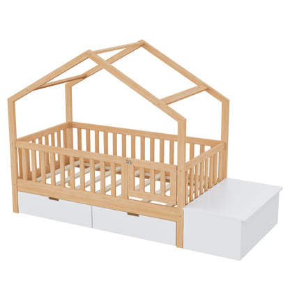 Toddler Bed with Storage Drawers & Lift-Top Chest, Solid Wood Bed with Safety Railings & Gate, Playhouse Bed Frame for Kids, Compatible with standard US toddler mattresses, Natural Wood & White image 9