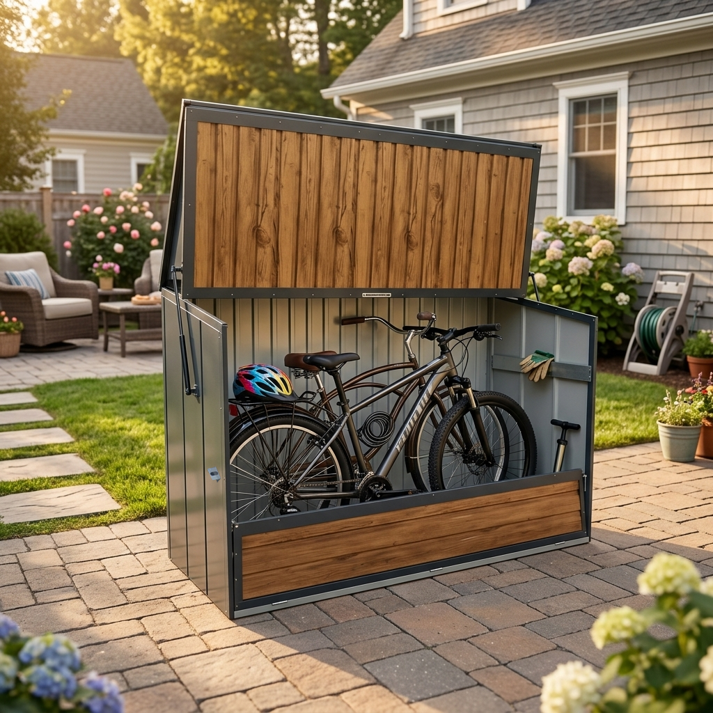 Wood Grain Galvanized Steel Storage Cabinet, Lift-Up Top & Foldable Front Door Large Capacity Tool Cabinet for Indoor, Garage & Backyard Use 594.39 US Gal 2.25m³ image 6