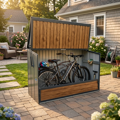 Wood Grain Galvanized Steel Storage Cabinet, Lift-Up Top & Foldable Front Door Large Capacity Tool Cabinet for Indoor, Garage & Backyard Use 594.39 US Gal 2.25m³ image 6