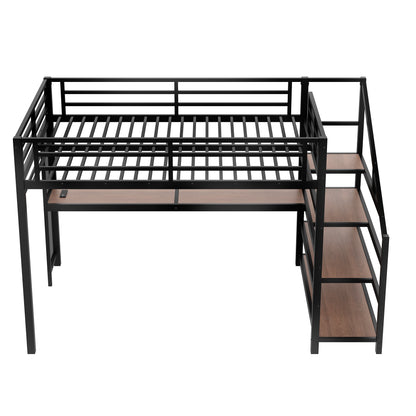 Queen Loft Bed with Desk and Storage Stairs, Metal Loft Beds with LED Lights, USB Ports, Multifunctional Iron Nets, No Spring Box Needed and Noise-free, Black image 11