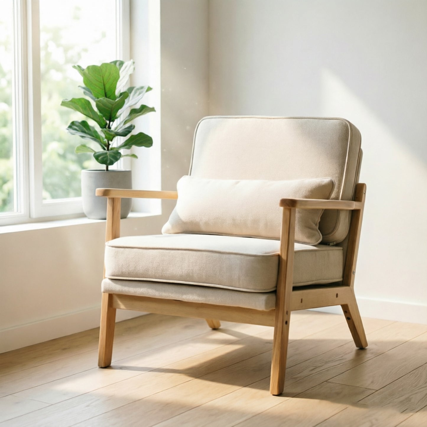 Mid-Century Modern Lounge Chair Single, Living Room Chair with Lumbar Pillow and Straight Wood Armrests, Accent Chair for Living Room, Bedroom, Indoor, Beige image 1
