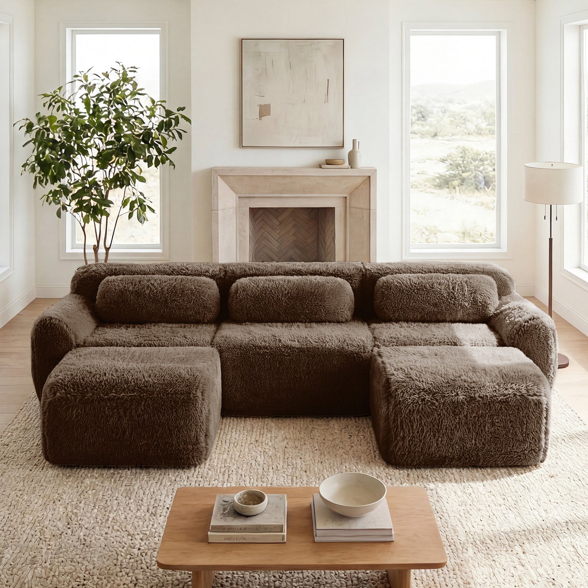 U-shaped Boneless Sofa 32D High Density Sponge Bottom Anti-Slip Design With Chaise Free Combination Full-compression Vacuum Packaging Deep Seat Design For Bedroom,Study,And Home Theater, Chocolate image 1