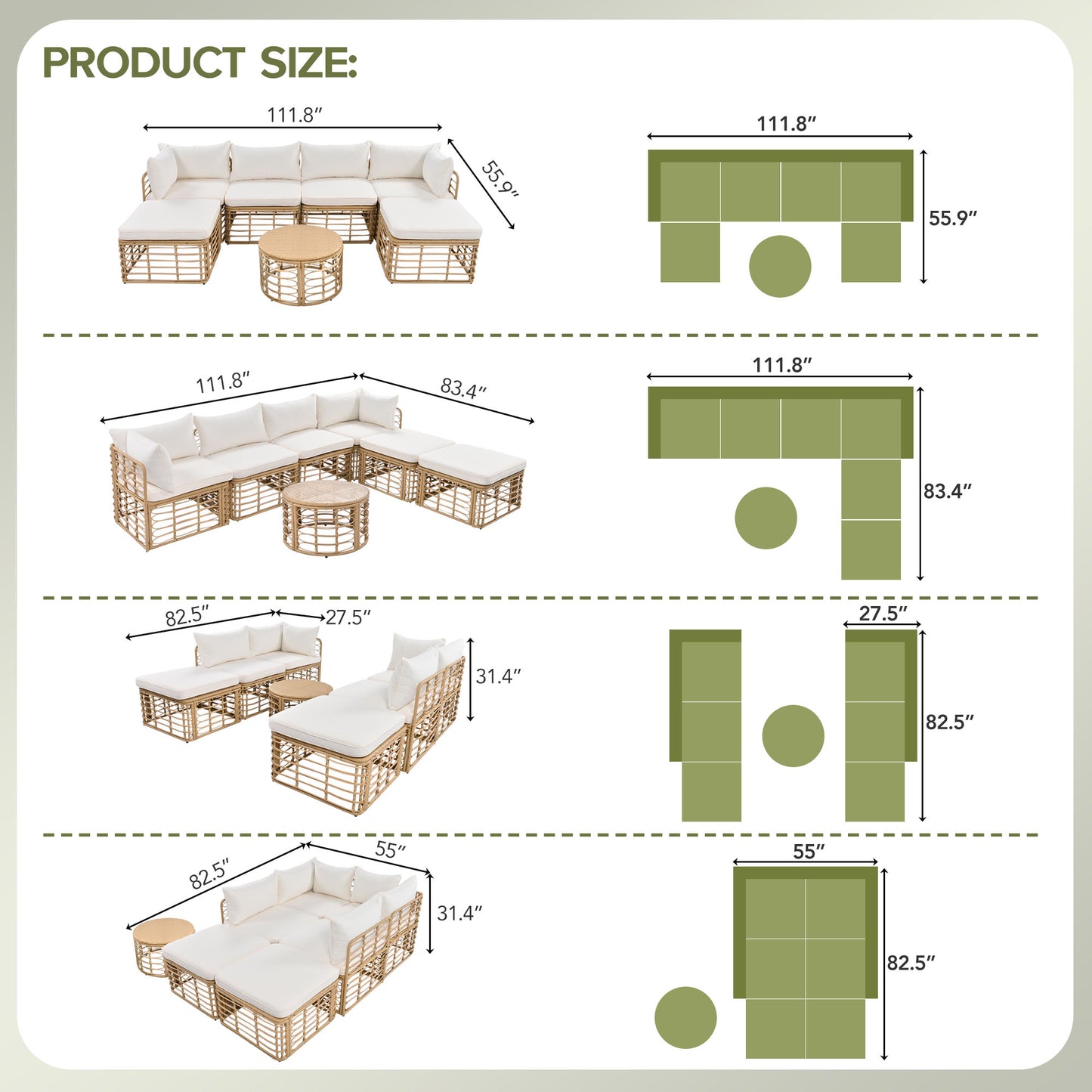 GO 7 Pieces Outdoor Patio Furniture, All-Weather Rattan Sectional Sofa Set with Thick Cushions and Pillows, Freely Combined Conversation Sets for Garden, Backyard, Balcony, Beige image 8