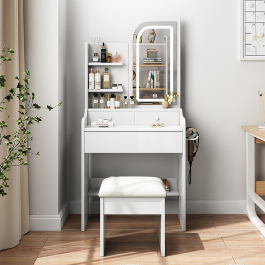 Fashion Vanity Desk with Mirror and Lights for Makeup with hair dryer holder and Chair, Vanity Mirror with Lights and Table Set with 3 Color Lighting Brightness Adjustable, 3 Drawers, White Color image 1