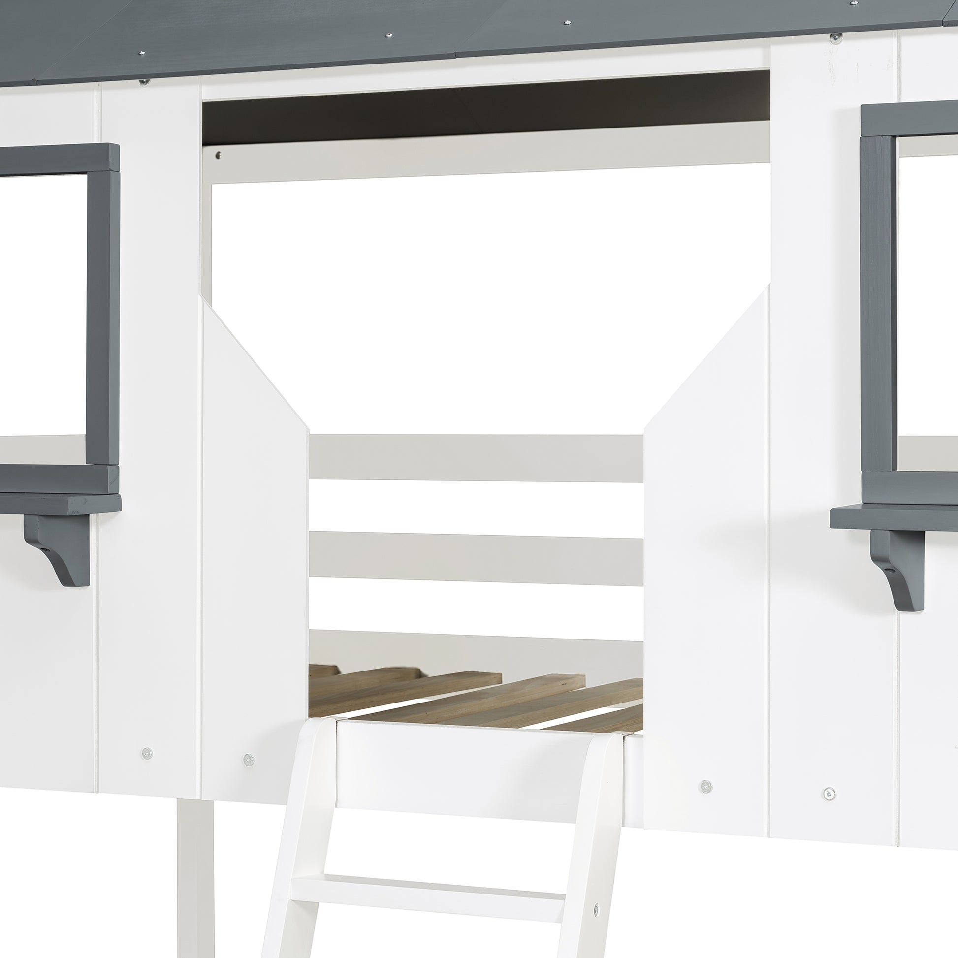 Twin Over Twin Bunk Bed Wood Bed with Roof, Window, Guardrail, Ladder (White)(OLD SKU: LT000045AAK-1) image 7
