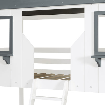 Twin Over Twin Bunk Bed Wood Bed with Roof, Window, Guardrail, Ladder (White)(OLD SKU: LT000045AAK-1) image 7