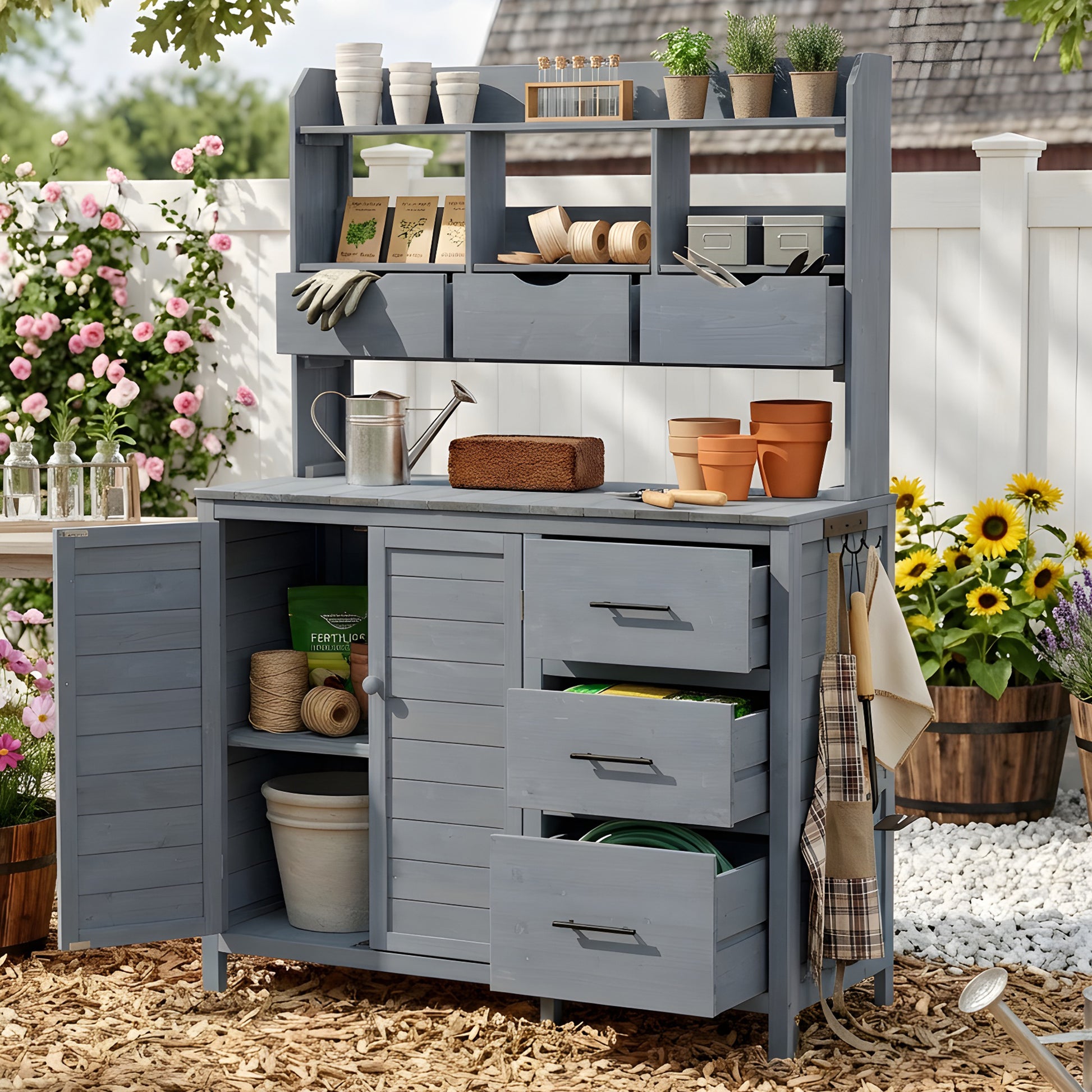 (With Assembly Video) TOPMAX Farmhouse Patio Potting Bench, 44.6''x19.5'' Large Freestanding Garden Workstation with 6 Drawers, Bottom Cabinet and Side Hook, Outdoor Kitchen Island, Gray image 1