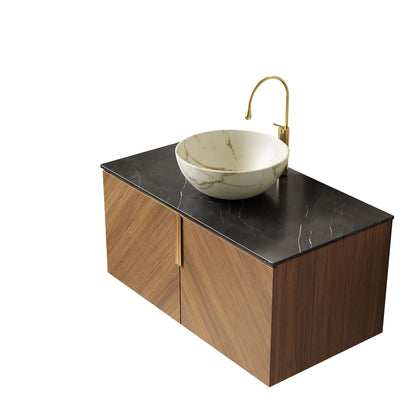 ARAI 36" Bathroom Vanity & Sink, Floating Plywood Bathroom Storage Cabinet with Double Doors, Black Sintered Stone Countertop & White Bowl Ceramic Basin with Stone Pattern, Brown Oak Woodgrain Color image 4