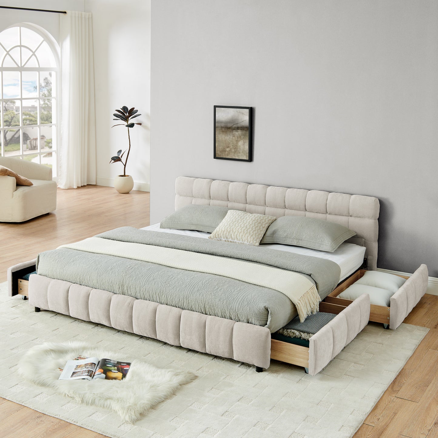 King Size Upholstered Bed,comfortable upholstered bed frame, Chenille fabric, with headboard and solid bed frame. With drawer for storage.-Beige(88.5''*85.5''*31'') image 1